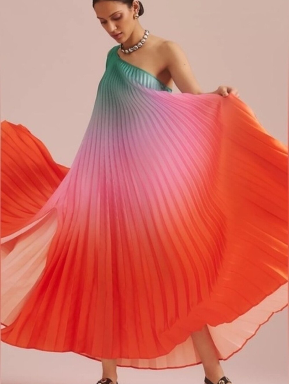 Delfie Collective One-Shoulder Pleated Ombre Maxi Dress in Green, Pink & Red